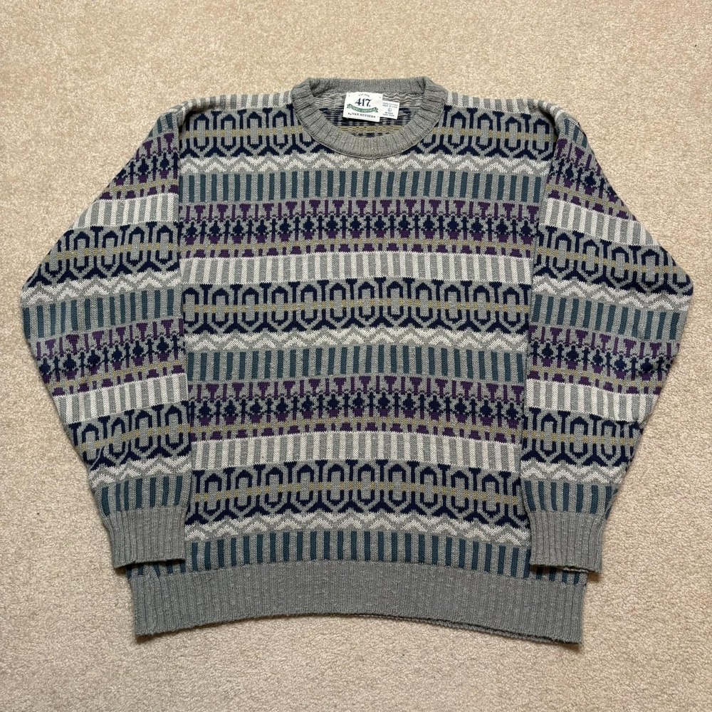 Vtg Van Heusen Sweater Mens Large Gray Fair Isle Knit Crewneck 90s Grandpa Indie